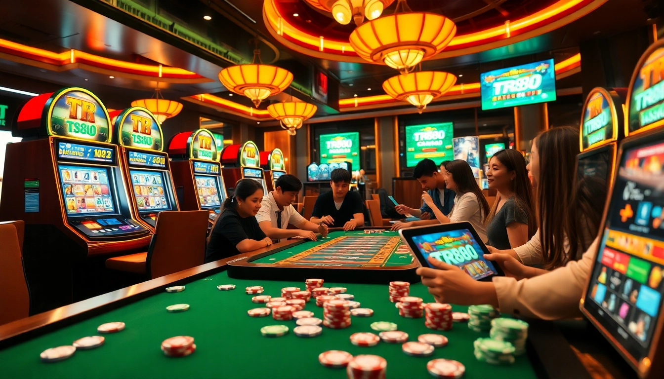 Engage in the thrilling tr88 game experience at a luxurious casino table with vibrant slot machines.