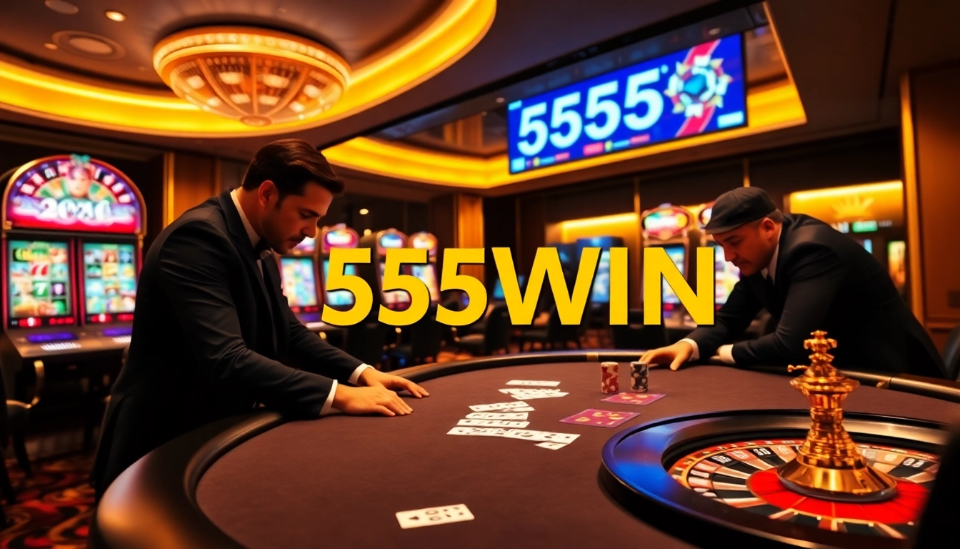 Experience high-stakes action at 555WIN's luxurious casino table, showcasing poker chips and cards.