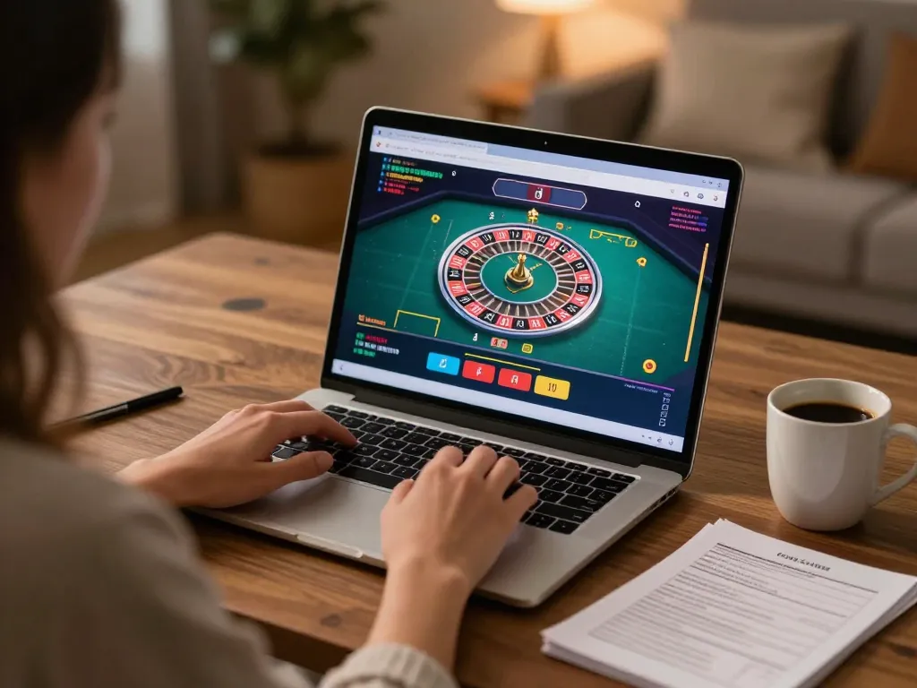 Kuwin online gaming with live dealer roulette interface and strategy notes in cozy home setup.