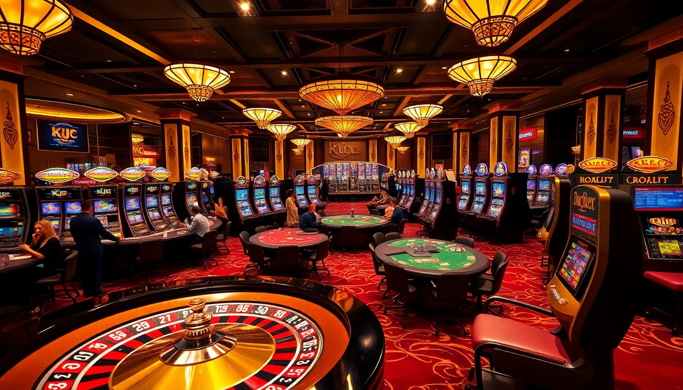 KJC gaming tables filled with players enjoying poker and roulette in a vibrant casino setting.