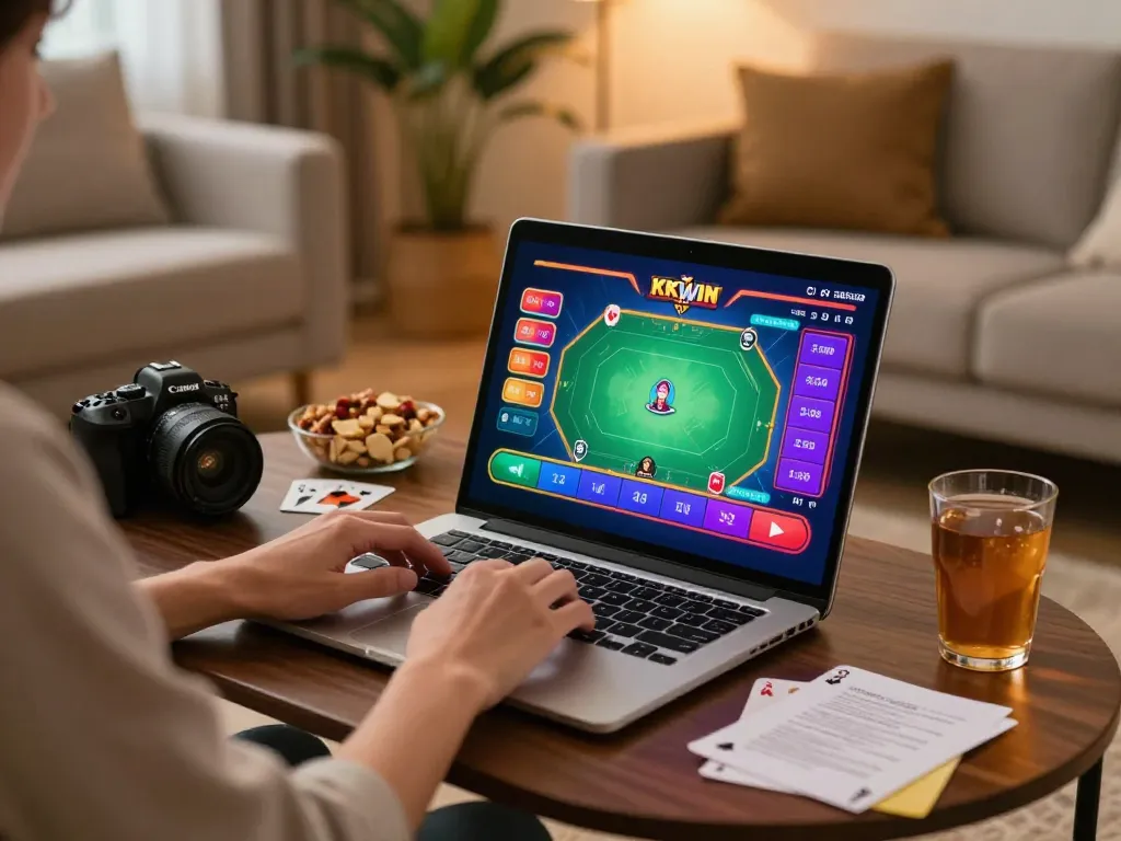 Engaging home poker gaming scene featuring a player using KKWIN on a laptop with strategy notes.