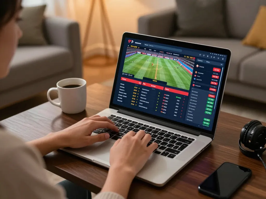 Engaging in online sports betting on a laptop at home, highlighting lsa strategy.
