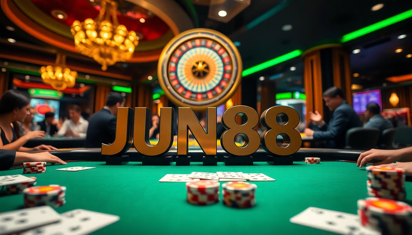 Action-packed JUN88 casino scene with poker players, vibrant colors, and luxury elements.