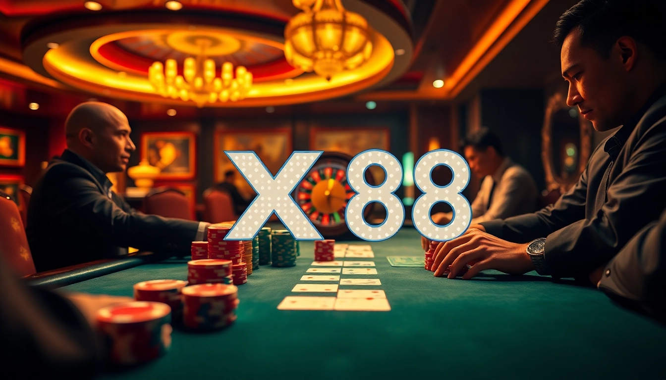 Engaging poker game scene with XX88 chips reflecting excitement in a high-end casino.
