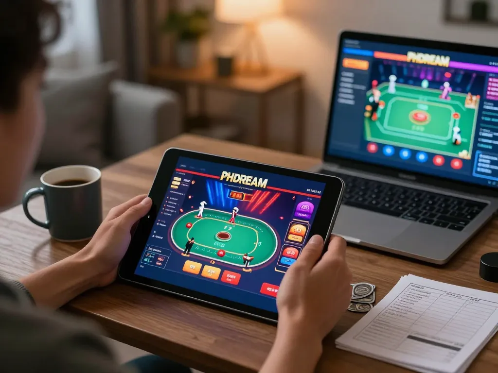 PHDREAM6268 user engaged with online poker game on tablet in cozy home environment