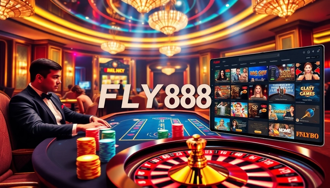 Experience thrilling gaming with FLY88 at a luxurious poker table in a vibrant casino scene.