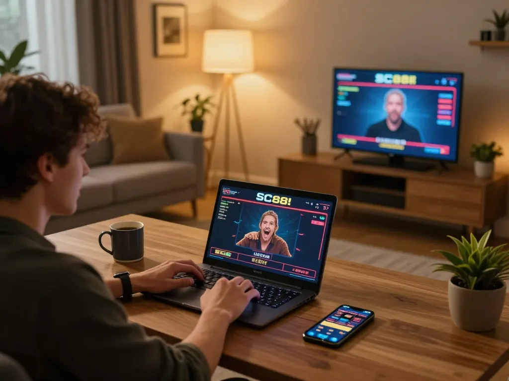 Engaged player enjoying live dealer games at home with SC88 casino interface displayed