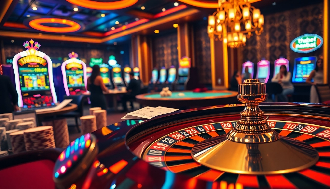 Engaging casino scene featuring thabet newba5 with vibrant tables, poker chips, and thrilling game action.