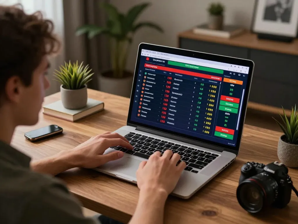 Player analyzing odds on ga8888 during live sports betting from a stylish home office setup.