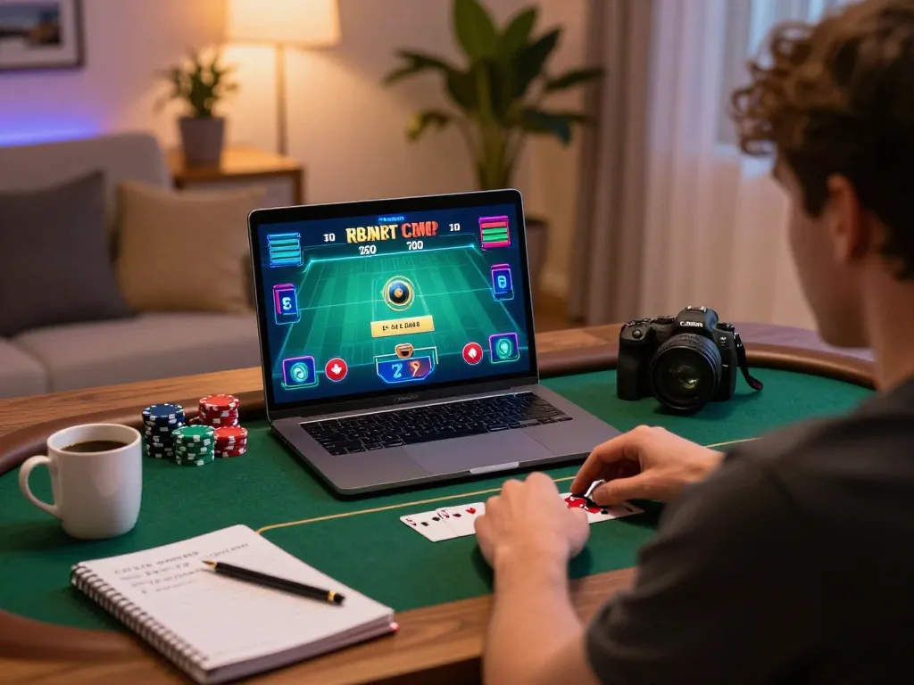 Engaging in online poker strategy on laptop showcasing 33winn gaming excitement in a cozy setting