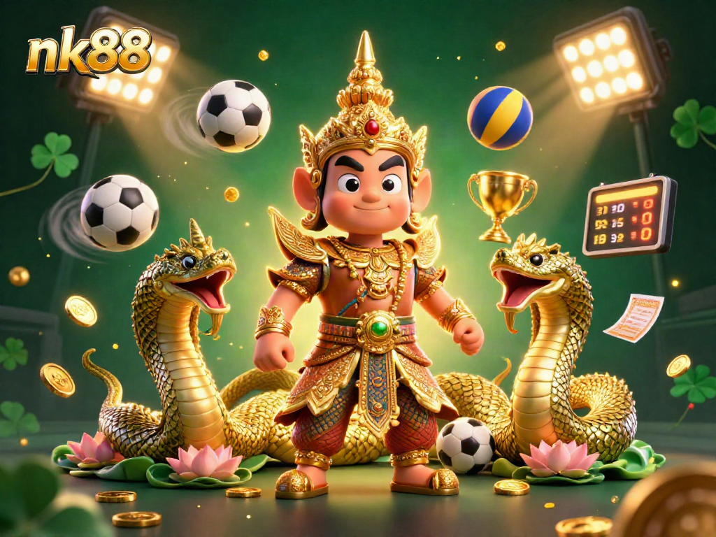 nk88 showcases sports betting excitement with vibrant characters and golden elements in a dynamic casino scene.
