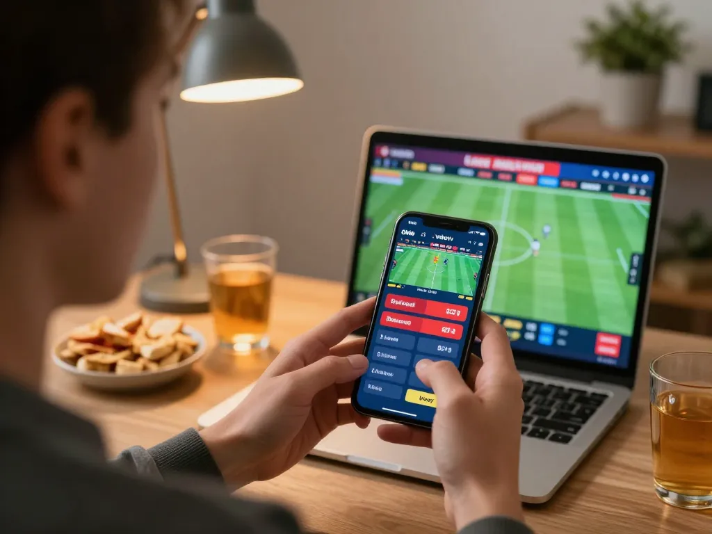 Engaging moment of sports betting with vebotv displayed on smartphone during a home gaming session.