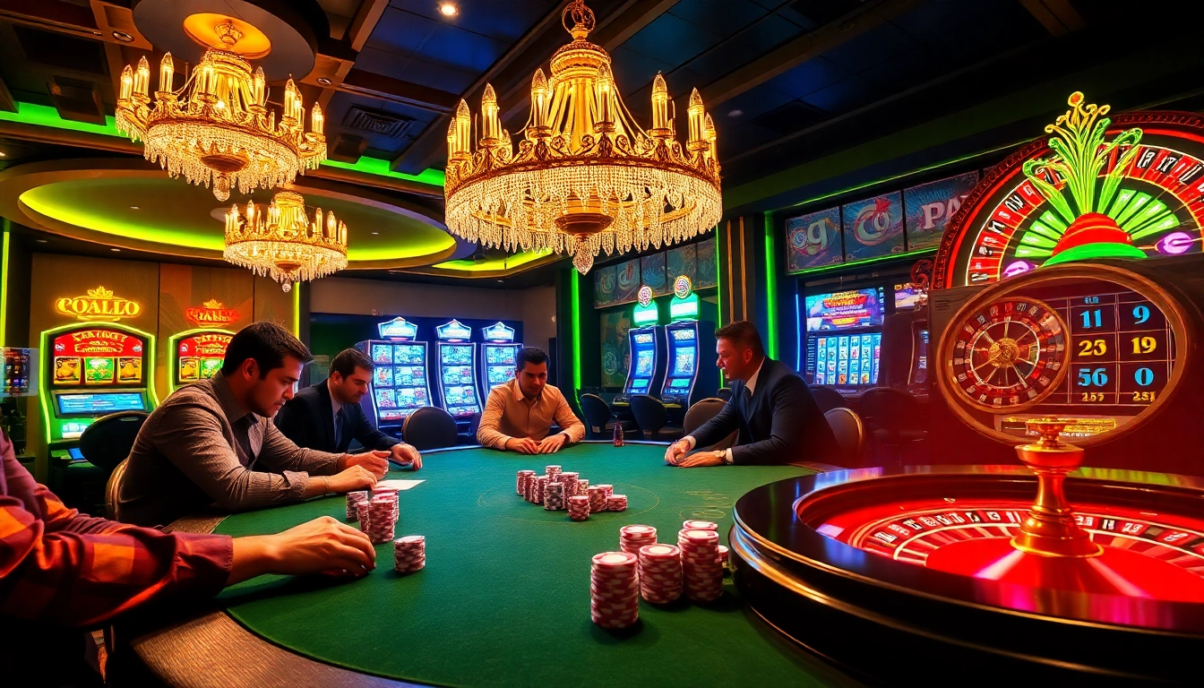Engaging poker players and vibrant slot machines capture the excitement of 88vv casino atmosphere.