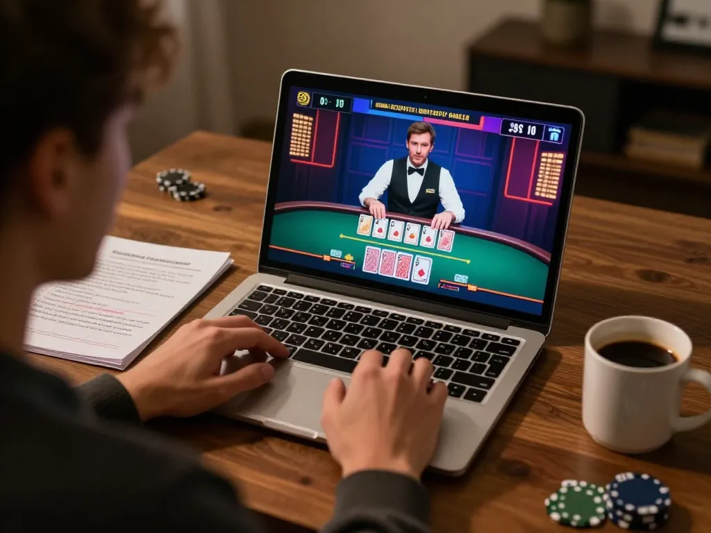 Player enjoys live dealer blackjack at tg88 in a cozy home office, focusing on strategy.