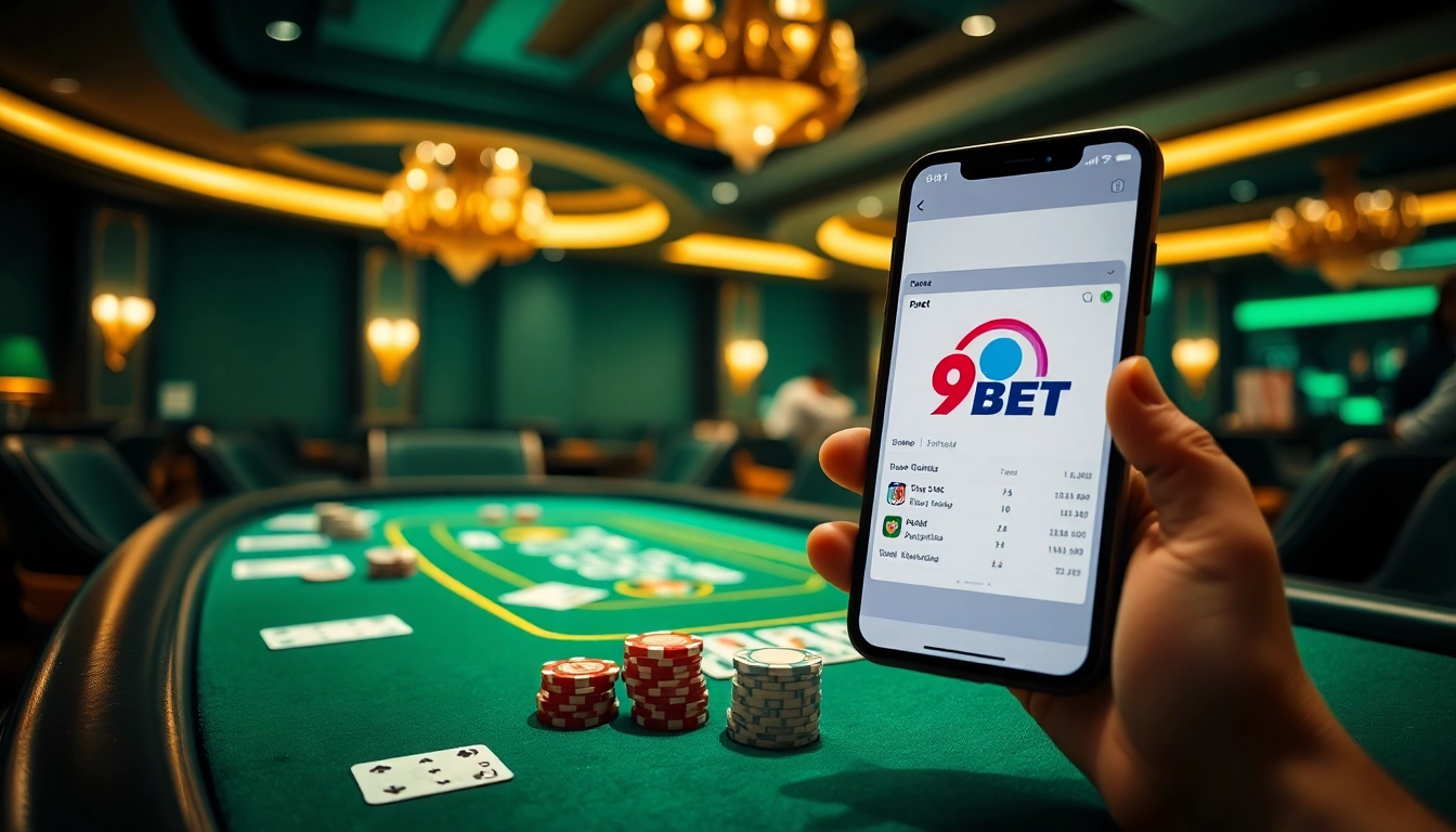 Engage with thrilling gaming at 9BET featuring a luxurious casino setup combining poker and online betting.