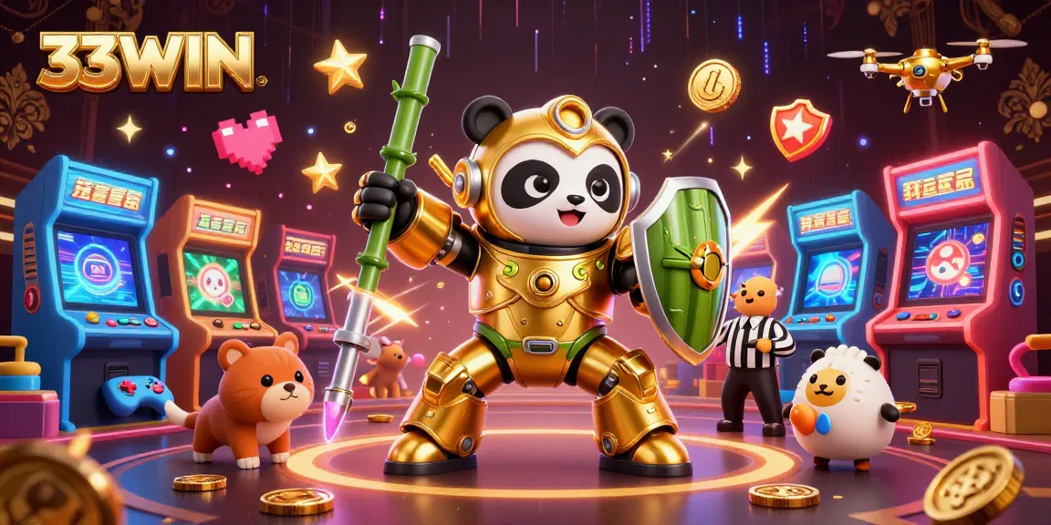 Play 33WIN in an energetic casino scene featuring a panda in a mech suit with vibrant game elements.
