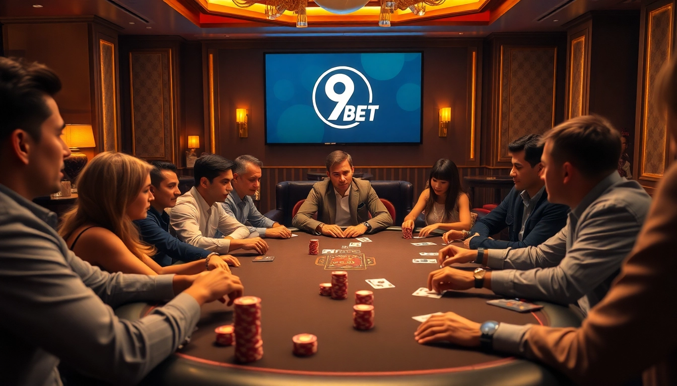 Players at a high-stakes poker table engaging in thrilling gameplay at 9 BET casino.