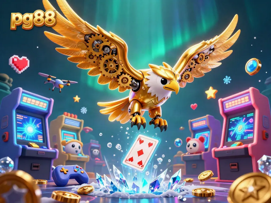 Watch the pg88 cybernetic eagle soar through vibrant casino-themed elements and holographic cards.