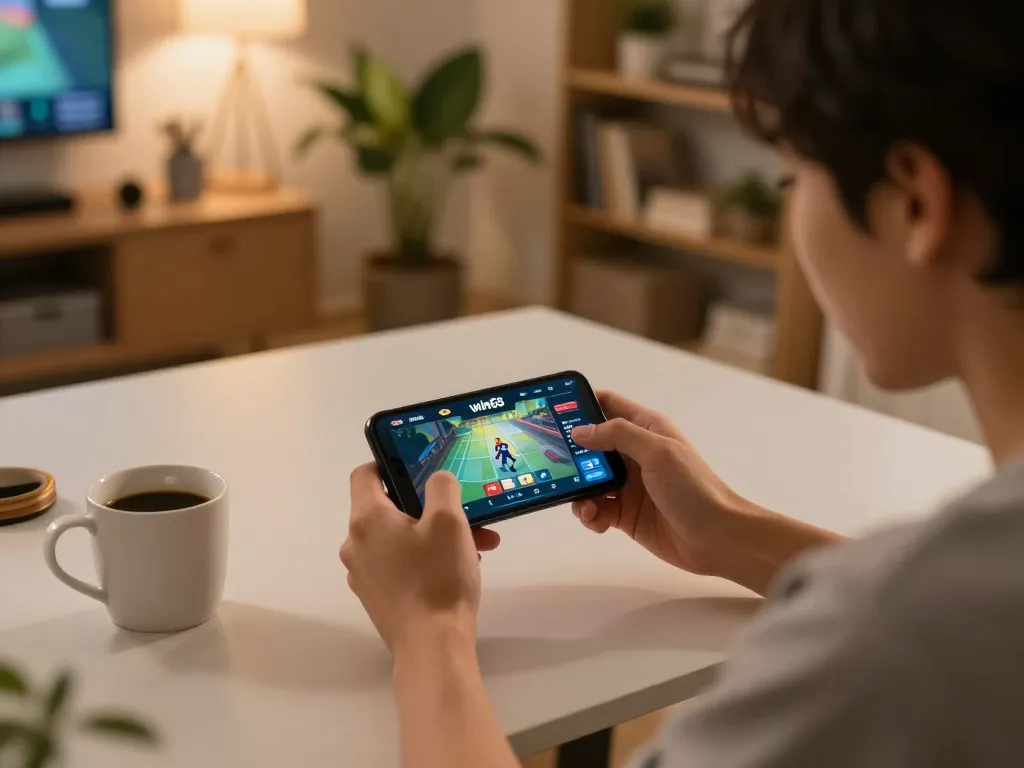 Engaging with win68 casino app on smartphone in a cozy home gaming setup