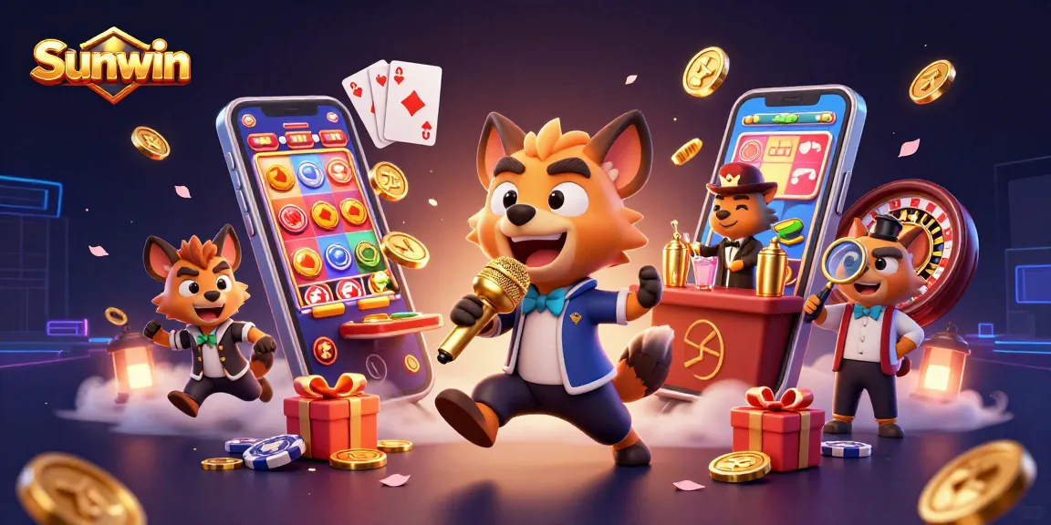 Sunwin hyenas entertain in a vibrant casino scene, showcasing slots, cards, and drinks.
