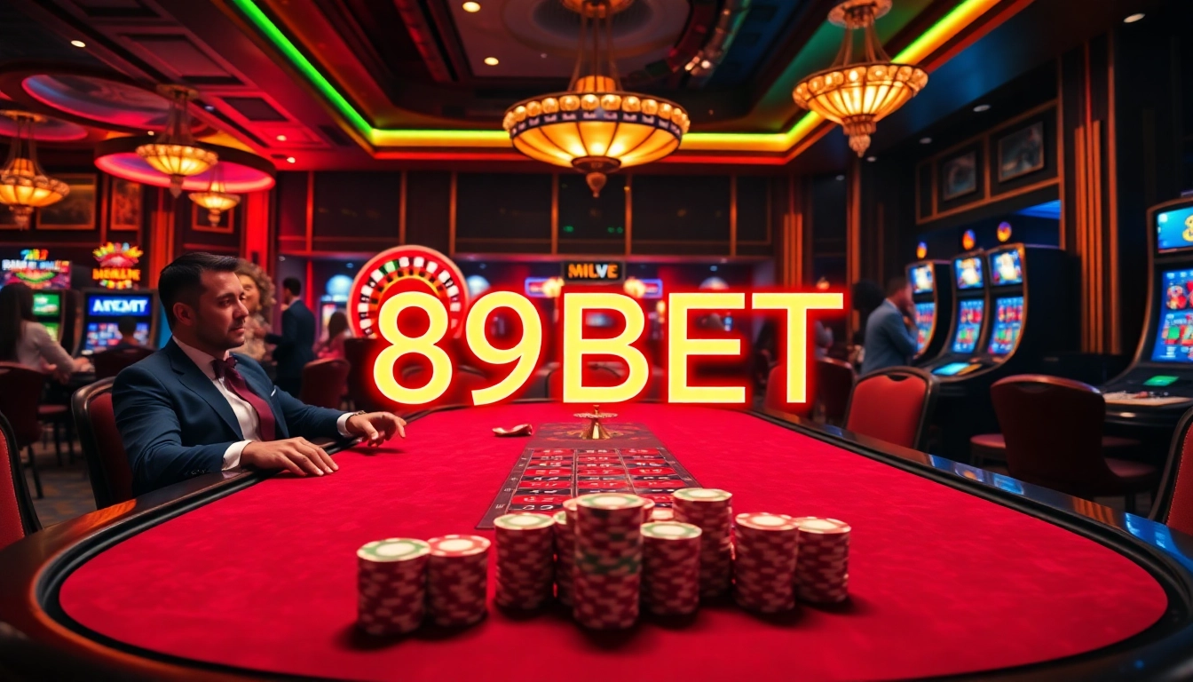 Players immerse in the excitement of 89BET at a luxury casino poker table, surrounded by vibrant gambling elements.
