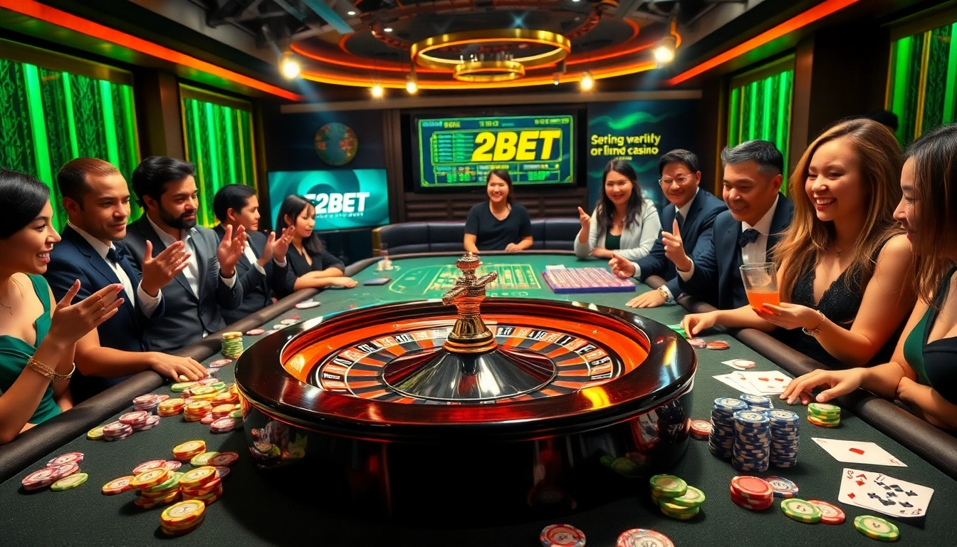 E2BET casino players enjoying a thrilling roulette game with vibrant chips and lively atmosphere.
