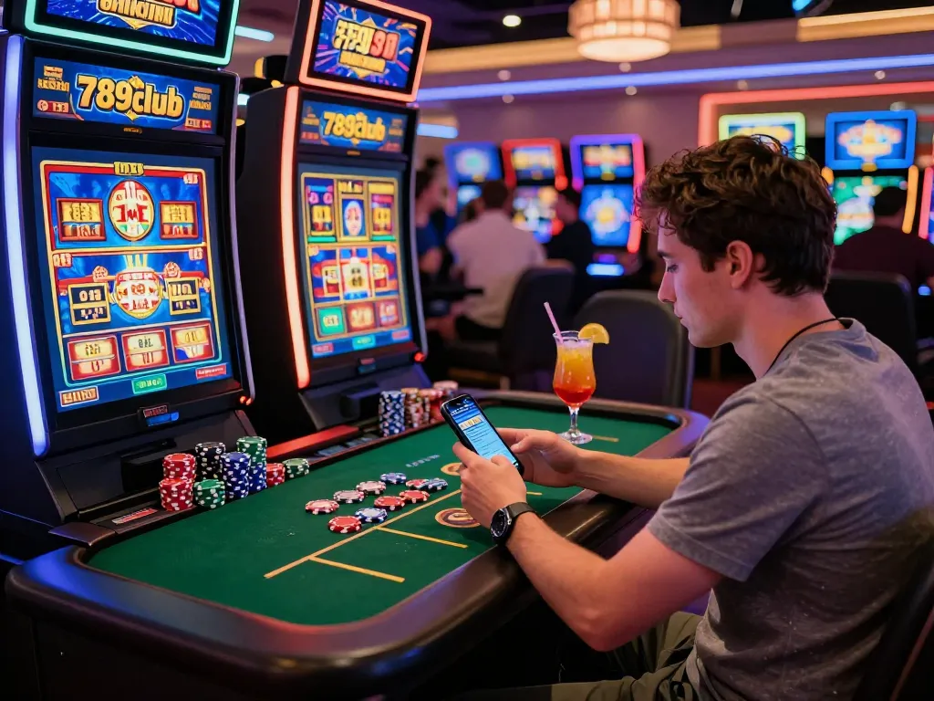 Engaging scene of a player enjoying online gambling with 789club app amidst colorful casino atmosphere.