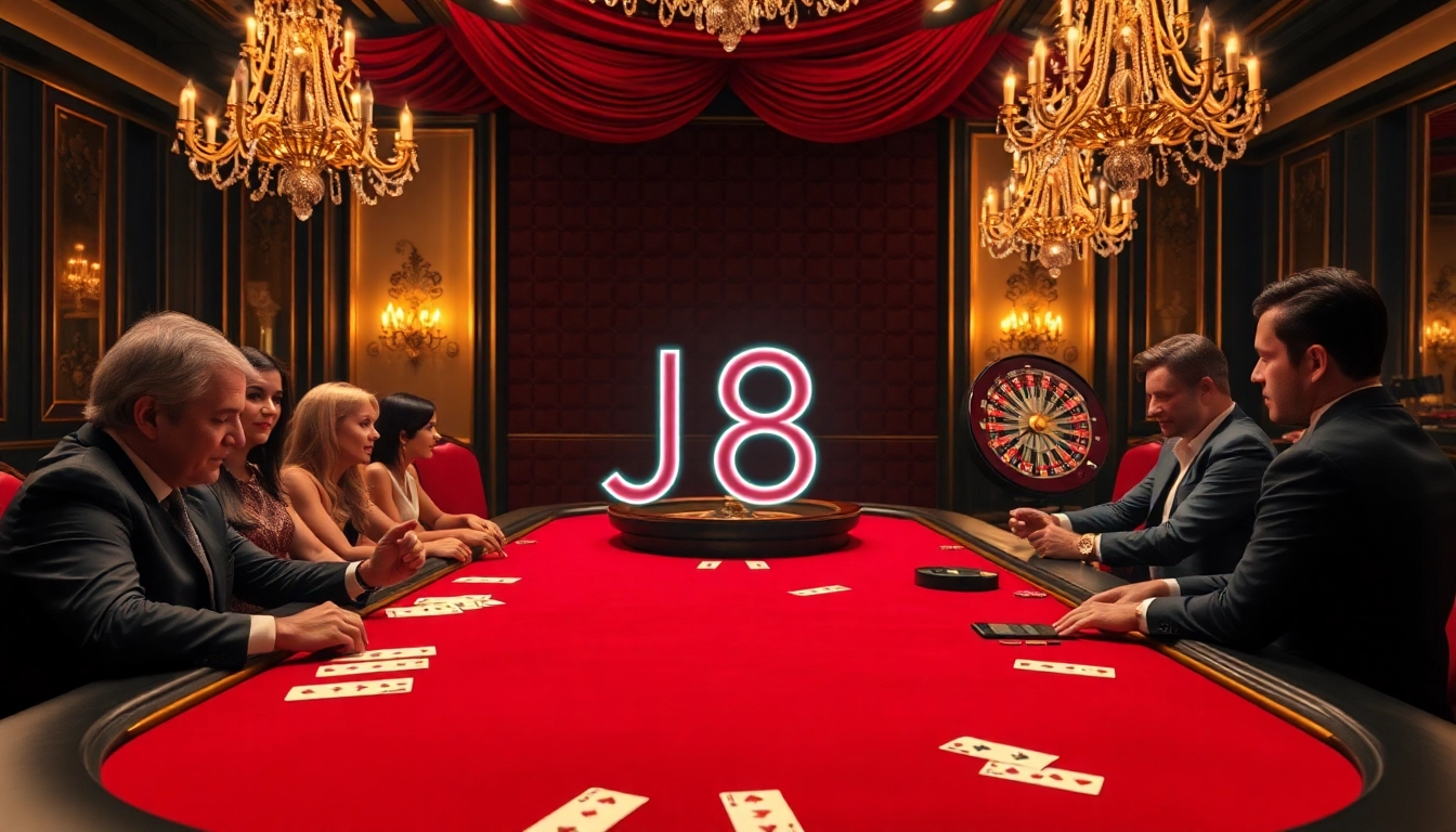 Engage in a high-stakes game at J8's luxurious casino table featuring poker chips and cards.