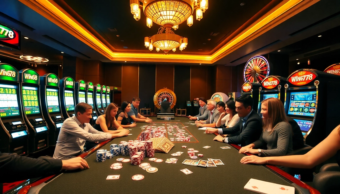 Engage in thrilling games at Win678's vibrant casino scene filled with poker chips and exciting gameplay.