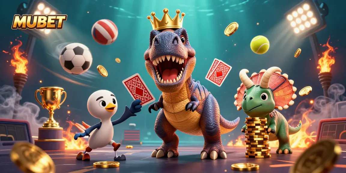 MUBET engages players with a vibrant 3D scene featuring a T-Rex, pterodactyl, and triceratops in a thrilling betting environment.
