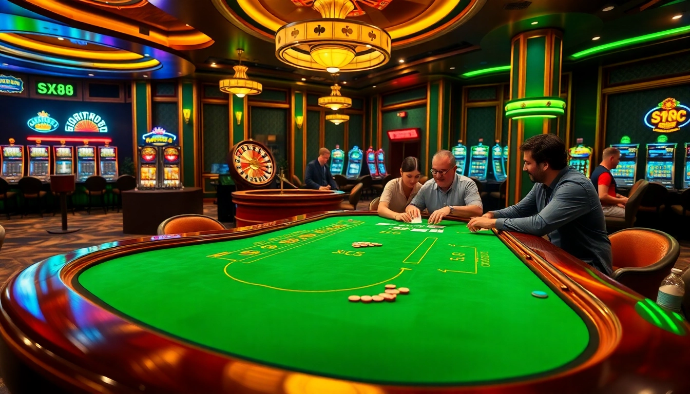 SX88 casino players enjoying an exciting poker game at a vibrant table in a luxurious setting.