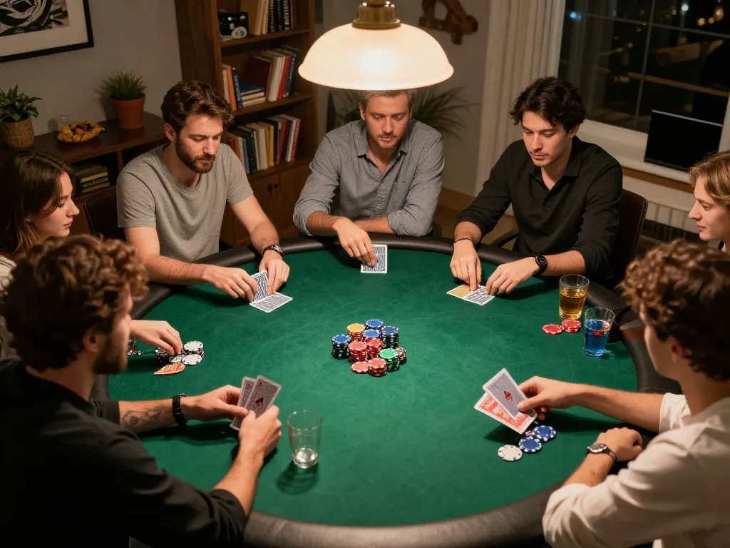 Engaged friends playing poker during home game night with Website Da88 features and colorful chips.