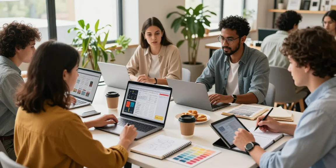 Self-employed professionals collaborating in a bright coworking space, showcasing creativity and teamwork.