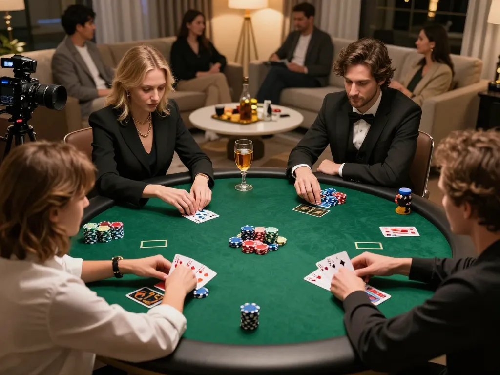 Exciting high-stakes poker game showcasing 8kbet players in a lively home atmosphere