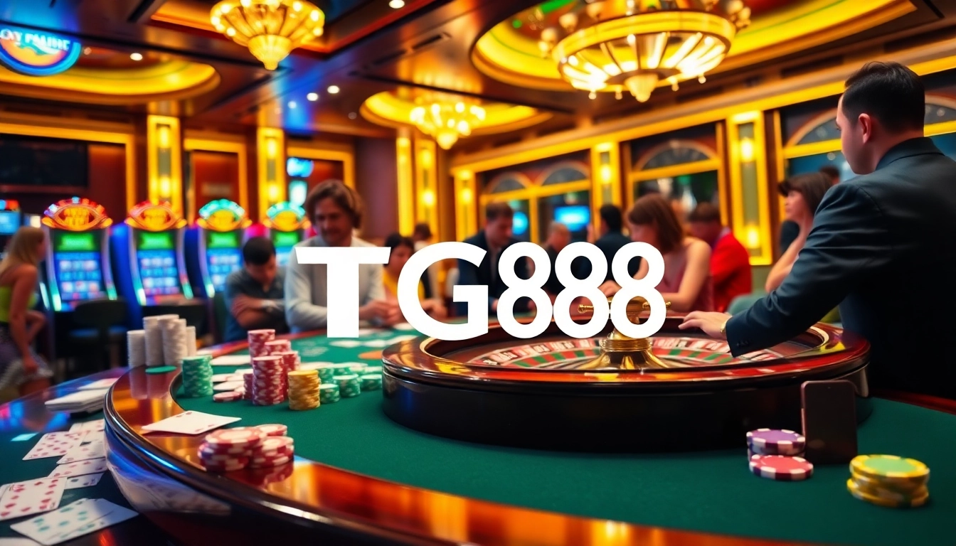 Players engaging in a thrilling game at the TG88 casino, surrounded by vibrant slot machines and poker chips.