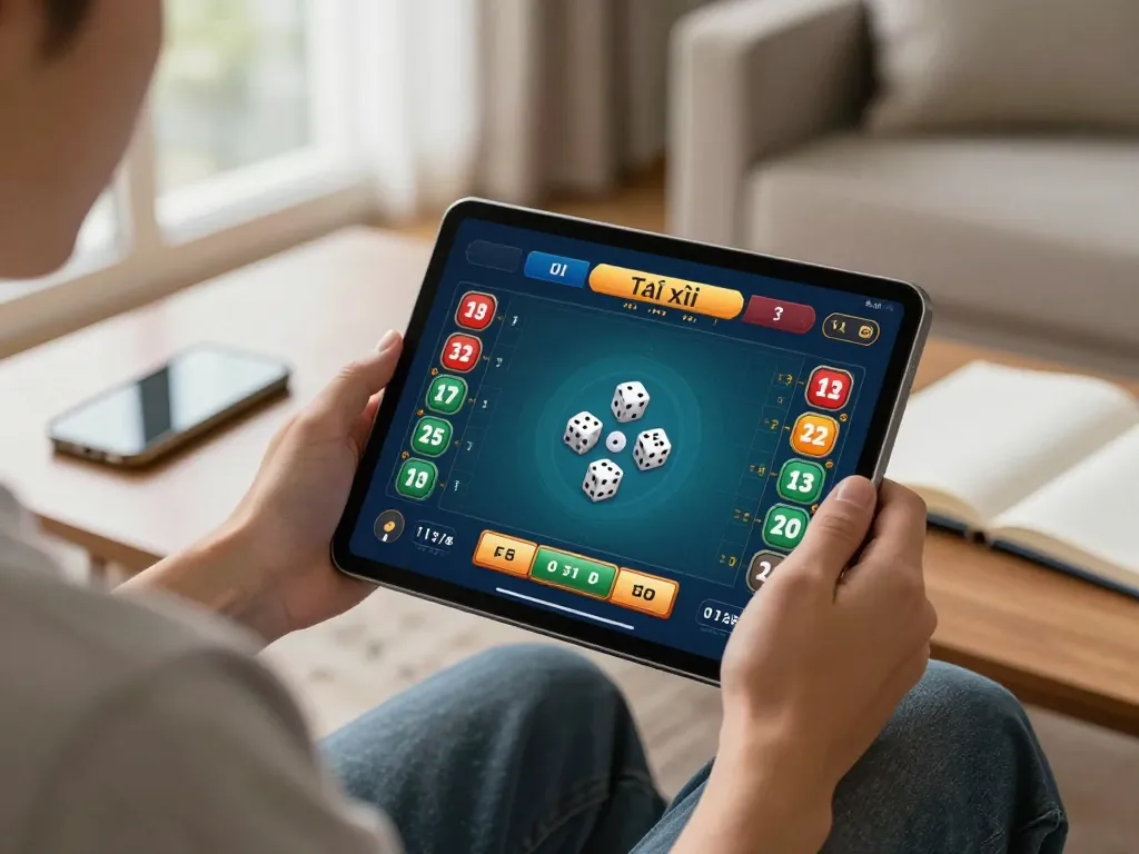 Tài xỉu online gameplay on a tablet in a cozy living room with strategic notes.