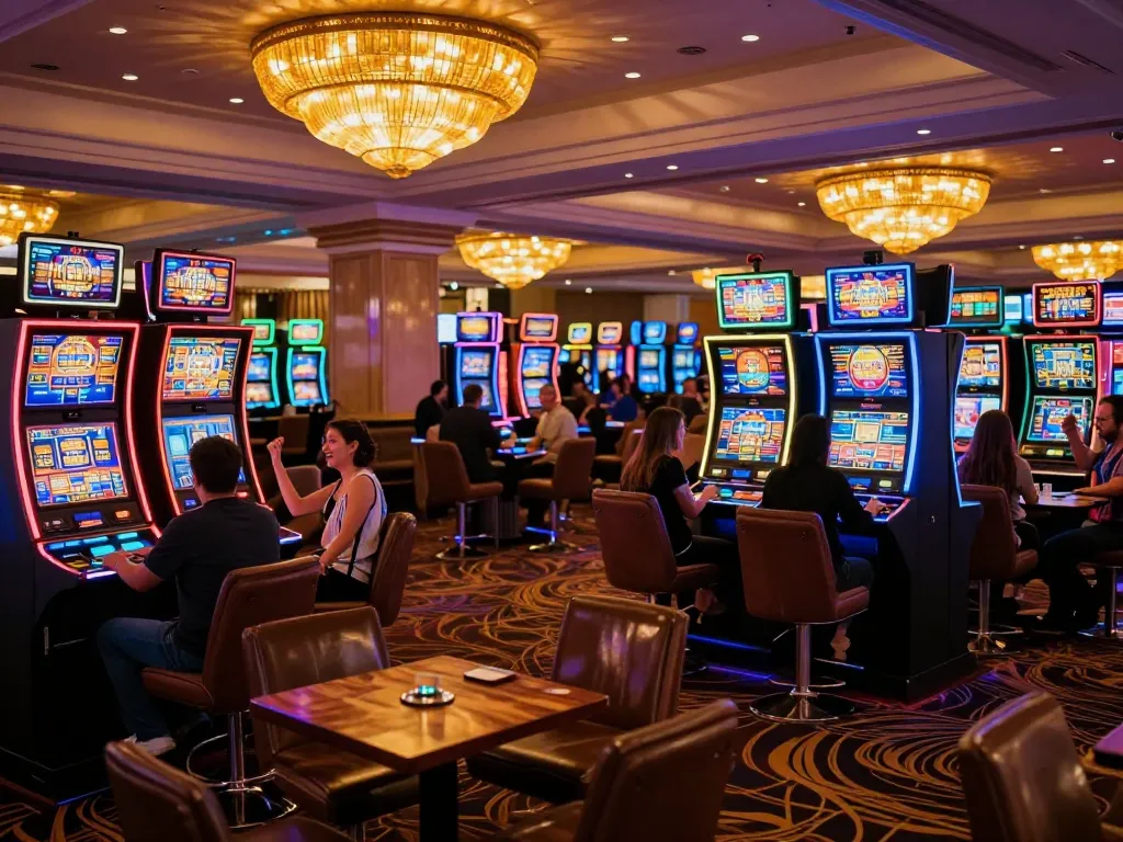 Players engaging with vibrant slot machines at Haywin casino, showcasing excitement in a lively atmosphere.