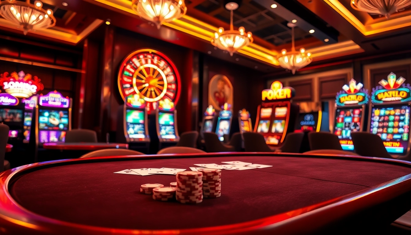 Engaging players experiencing high-stakes gaming at NH88 casino with vibrant slot machines and poker tables.