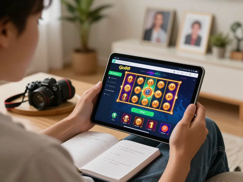 Player engaging with Go88 casino app on tablet in a cozy home setting, focusing on strategy and responsible gaming.