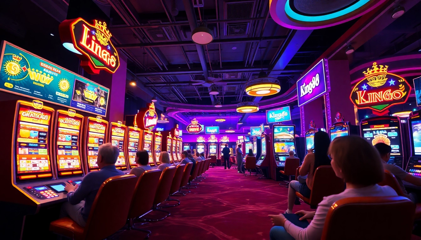 Exciting online gaming scene highlighting king88 with colorful slot machines and digital interfaces.