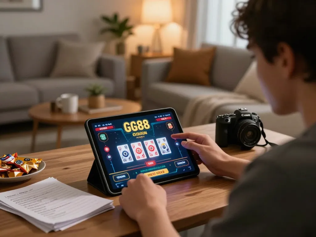 Experience online gambling at https://gg88.my/ with a winning poker setup featuring tablet gameplay in a cozy home.