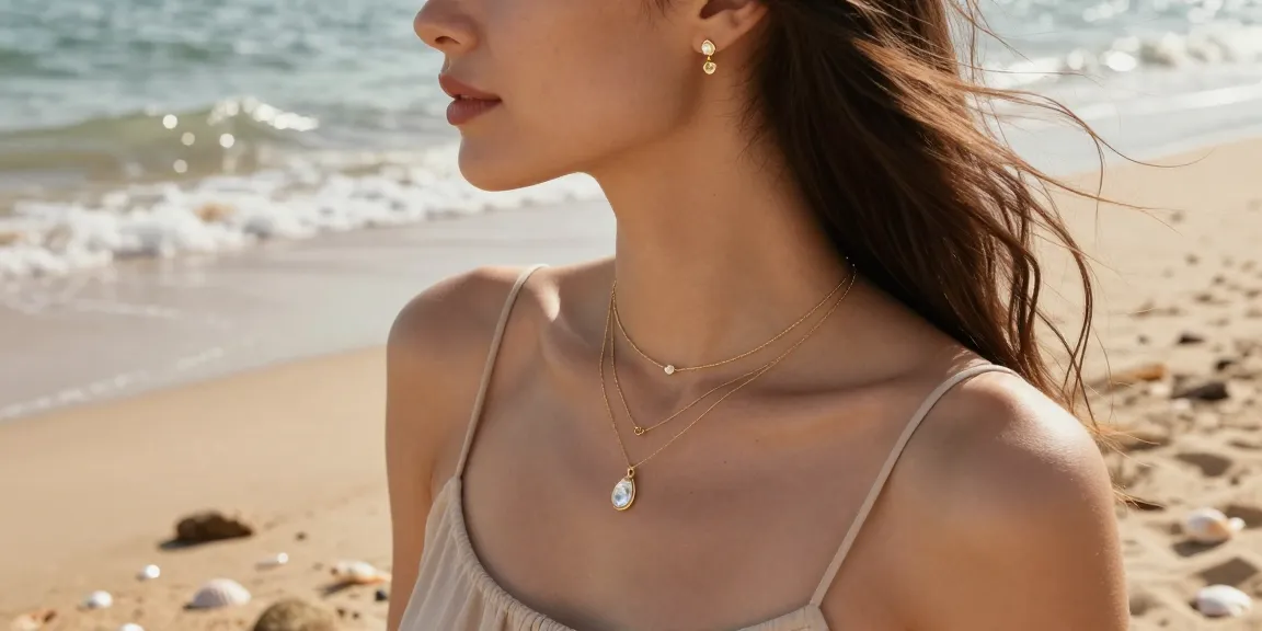 Showcase of delicate gold jewellery UK—layered necklaces and minimalist earrings on a woman at the beach, with ocean waves and warm light.