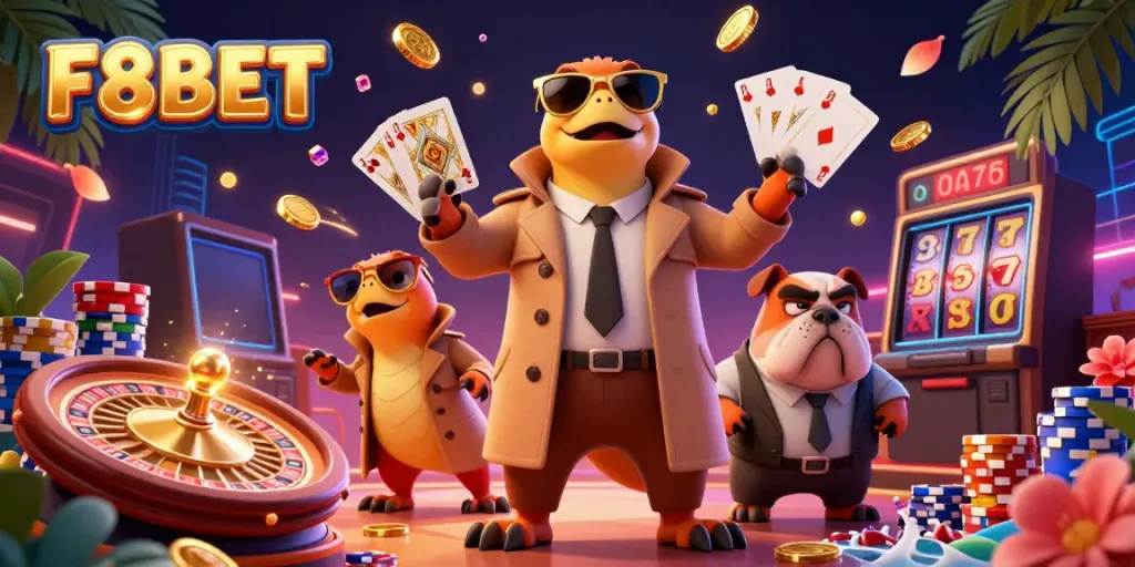 Experience VIP fun at F8BET with raptors in disguise attempting to enter a glamorous casino lounge.