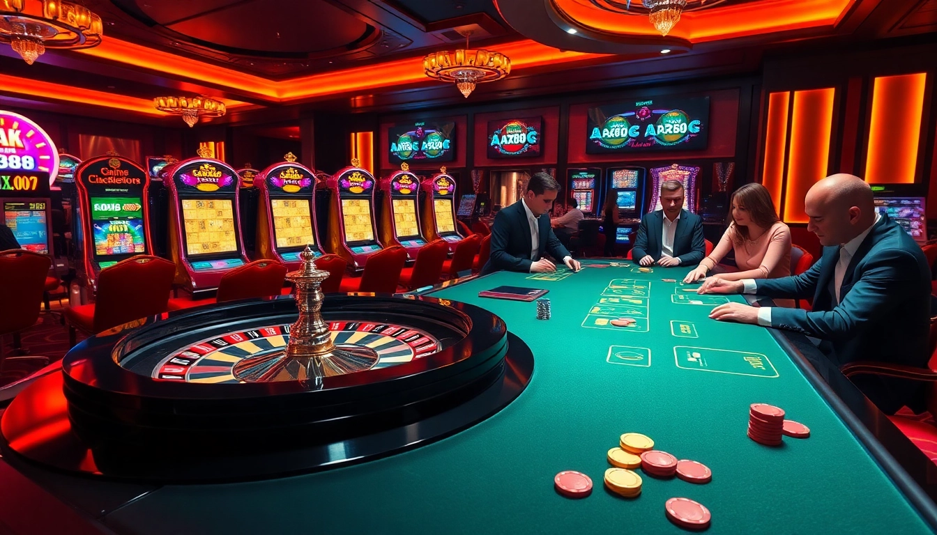 Engage with the premium gaming experience at ax88, showcasing luxurious casino tables, vibrant slot machines, and thrilled players.