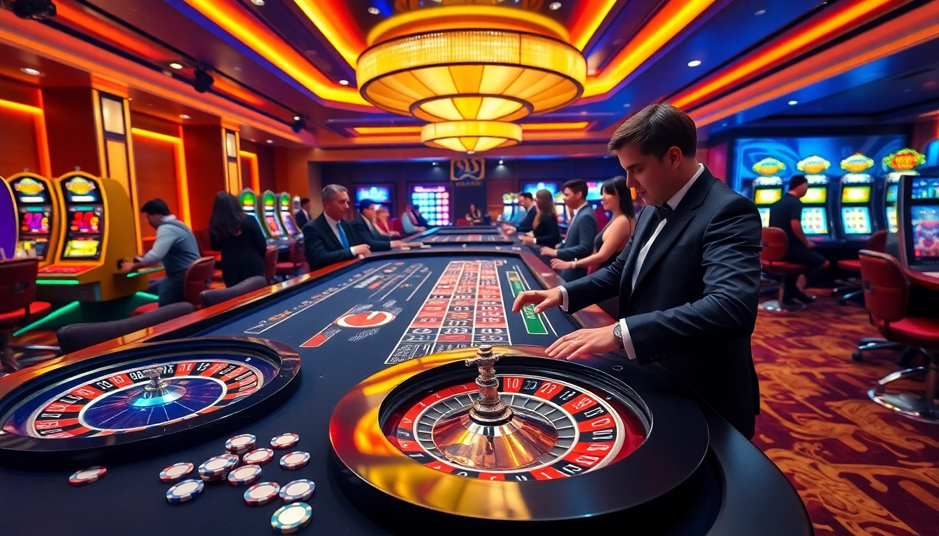 Exciting gaming atmosphere at mm88 with roulette wheels and enthusiastic players.