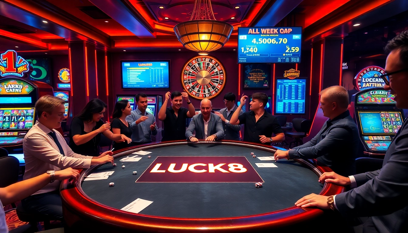 LUCK8 players enjoying a vibrant poker game at a luxurious casino setting with thrilling action.
