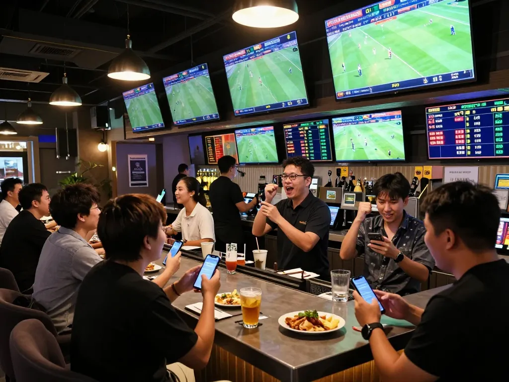 Kèo nhà cái betting scene at a lively sports bar with excited patrons and live matches