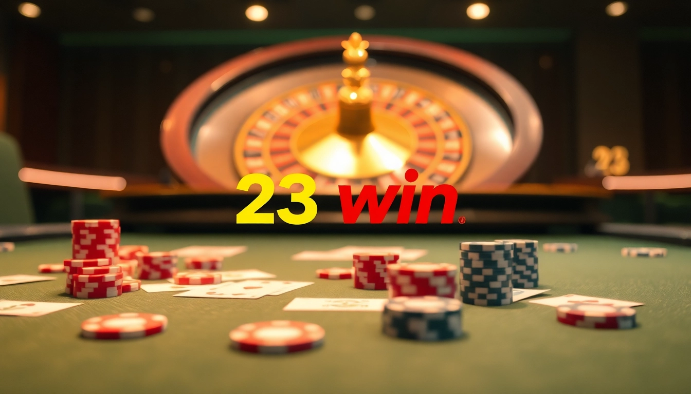 Exciting moment at 23win online casino with poker chips and roulette wheel.