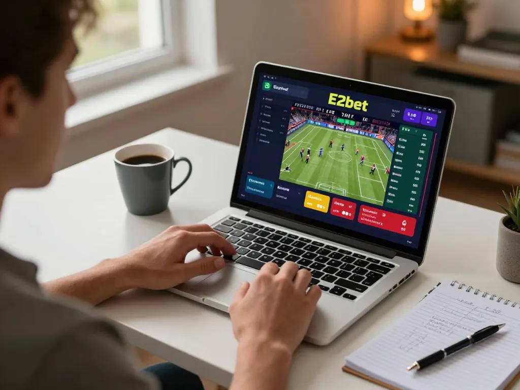 E2bet user placing bets on a laptop, showcasing a modern online gambling setup.