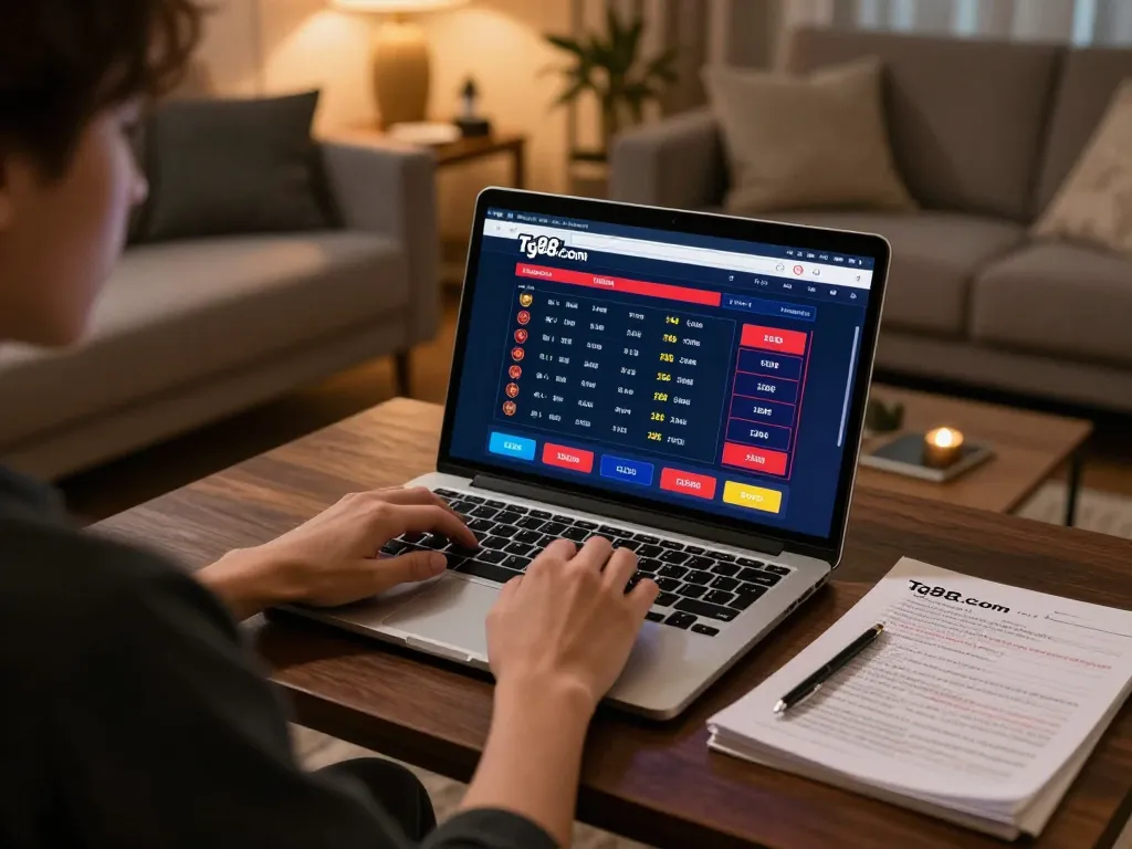 Gambling on Tg88.com with a laptop at home, showcasing live betting and strategic notes for responsible gaming.